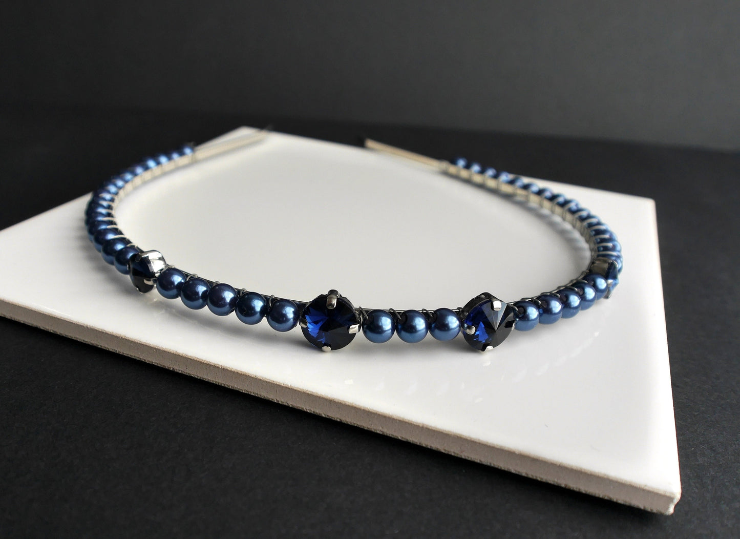 Dark Blue Pearl and Rhinestone Diamante Tiara Hair Accessory