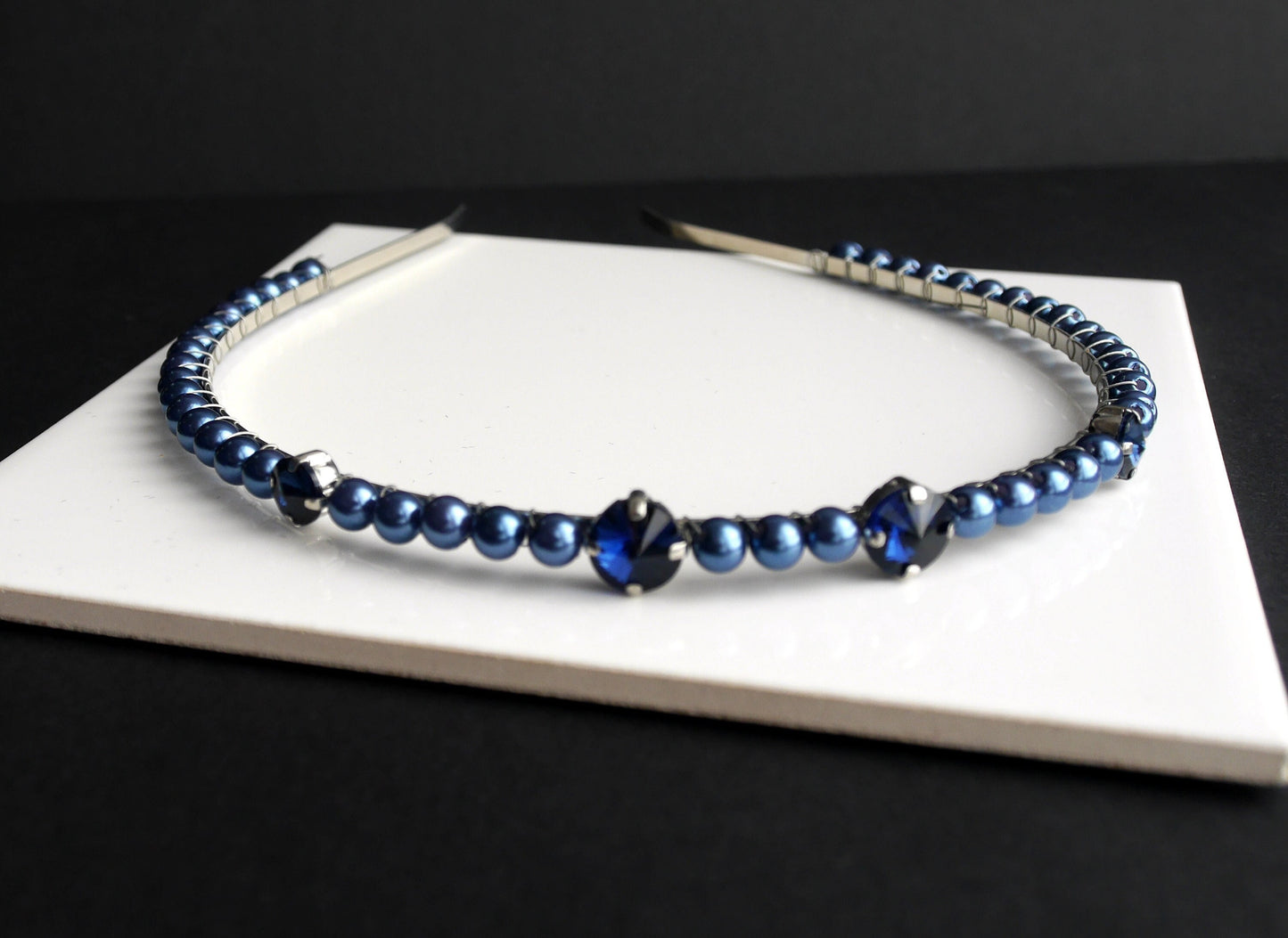 Dark Blue Pearl and Rhinestone Diamante Tiara Hair Accessory