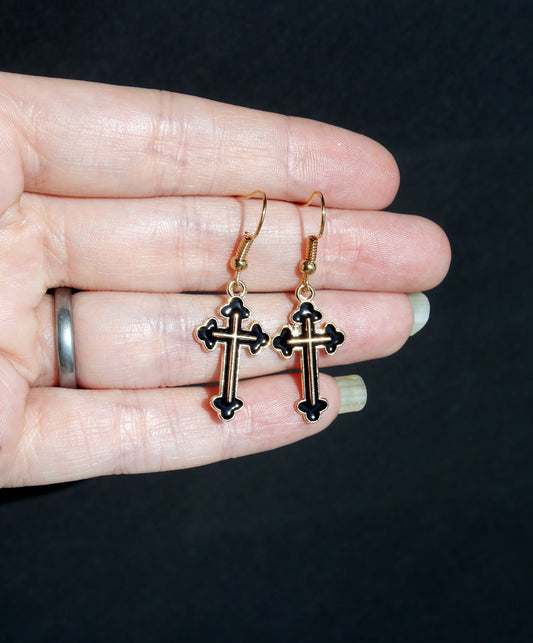 Black and Gold Cross or White and Gold Enamel Cross Shaped Earrings
