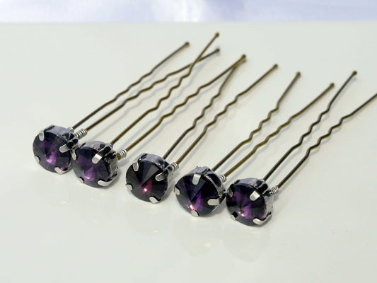 Deep Dark Purple Amethyst Coloured Rhinestone Diamante Hair Pin Set (Set of 5 Pins)