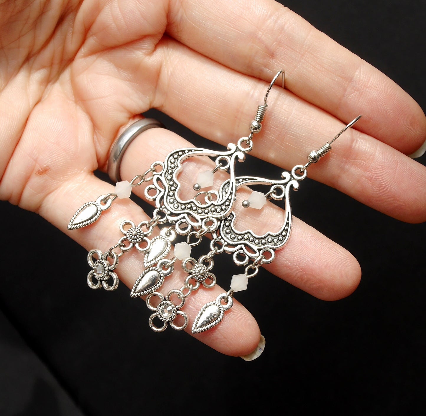 Silver and White Filigree Dangling Earrings (Ear Stud, Hook and Clip On)