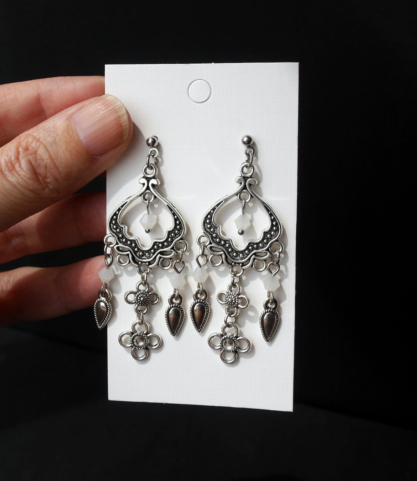 Silver and White Filigree Dangling Earrings (Ear Stud, Hook and Clip On)