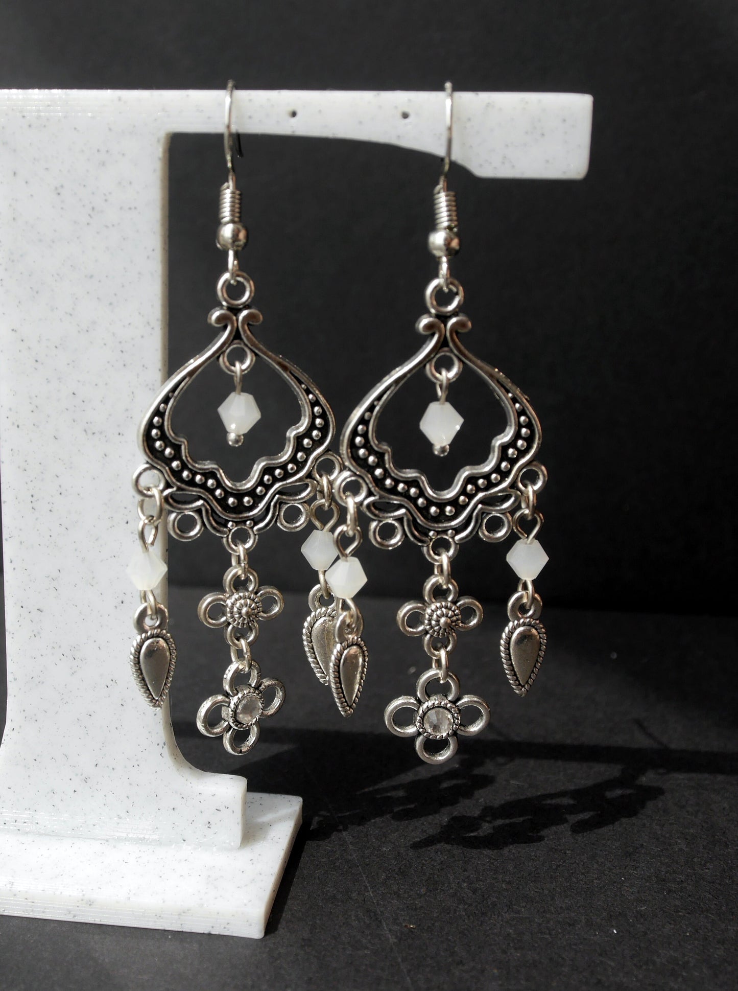 Silver and White Filigree Dangling Earrings (Ear Stud, Hook and Clip On)