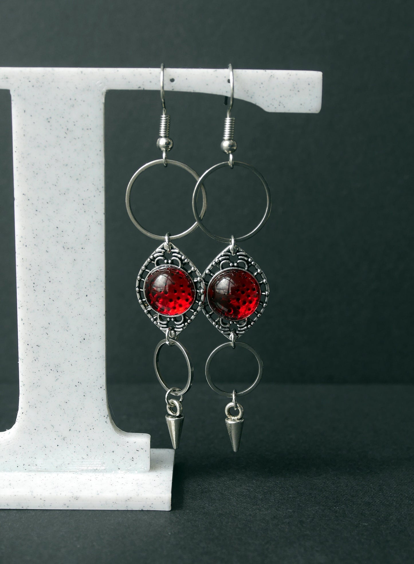 Silver and Red Dangle Filigree Earrings (Ear Hook, Stud and Clip On)